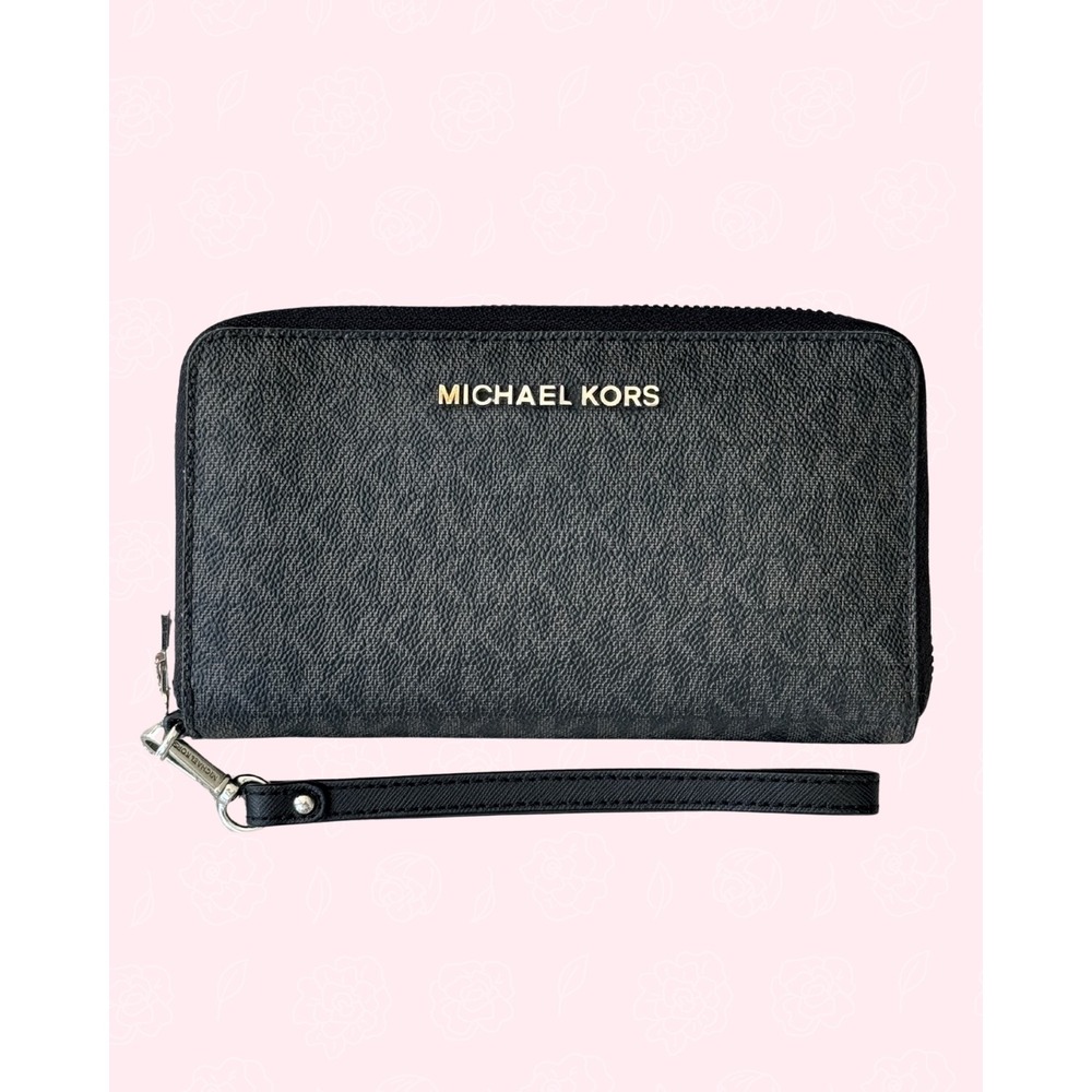 Michael Kors Black Wristlet Wallet Zip Around Gold Hardware Monogram Logo Canvas